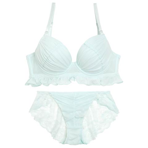 【EFサイズ】フェアリーフリルギャザーブラジャー&バック透けフルバックショーツ［大人気］(サックス-E70/ショーツM)