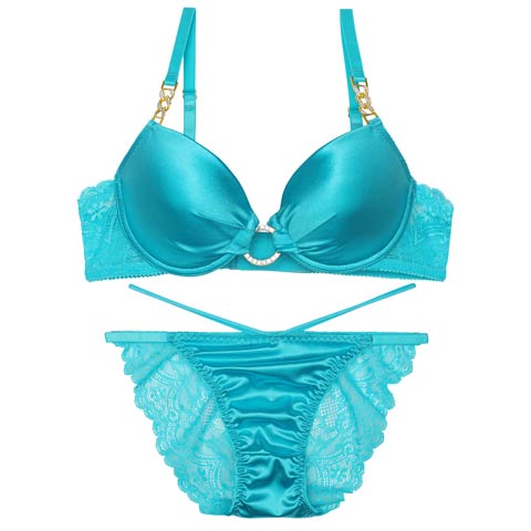 【EFサイズ】グロッシービジューリングブラジャー&バック透けフルバックショーツ［大人気］(ターコイズブルー-E70/ショーツM)