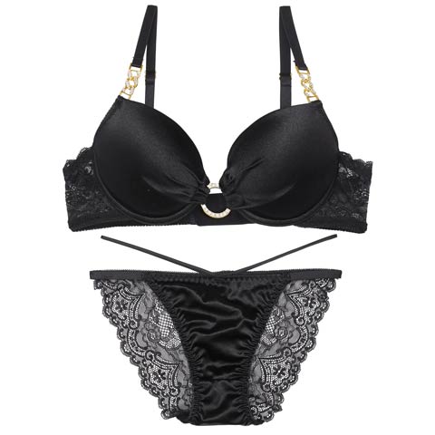 【EFサイズ】グロッシービジューリングブラジャー&バック透けフルバックショーツ［大人気］(ブラック-E70/ショーツM)