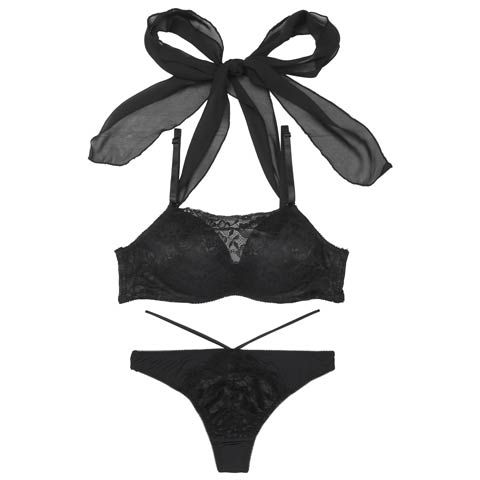 [2way]チュールリボンホルターネックストラップ付ブラジャー&Tバックショーツ［激売れ］［年末年始］(ブラック-B65/ショーツM)