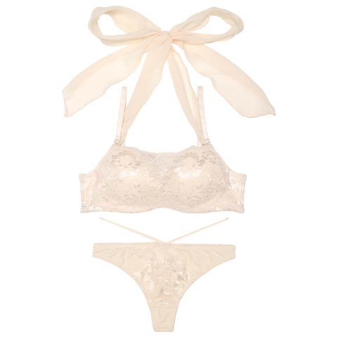 [2way]チュールリボンホルターネックストラップ付ブラジャー&Tバックショーツ［激売れ］［年末年始］(アイボリー-B65/ショーツM)