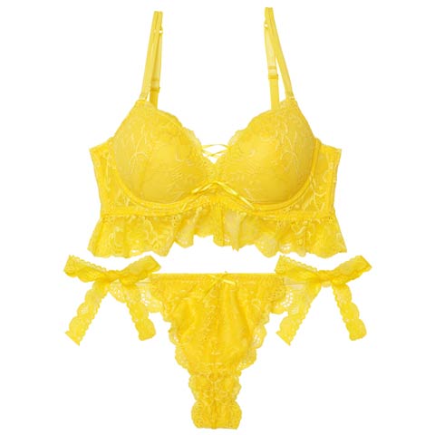 フレッシュレーシィレースアップ紐リボン付きブラジャー&バック透けTバックショーツ［激売れ］(イエロー-B65/ショーツM)