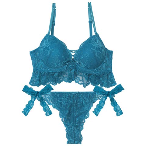 フレッシュレーシィレースアップ紐リボン付きブラジャー&バック透けTバックショーツ［激売れ］(ターコイズブルー-B65/ショーツM)