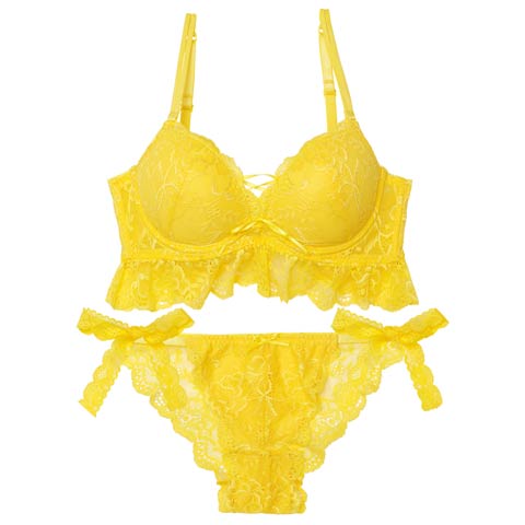 【EFサイズ】フレッシュレーシィレースアップ紐リボン付きブラジャー&バック透けフルバックショーツ［大人気］(イエロー-E70/ショーツM)