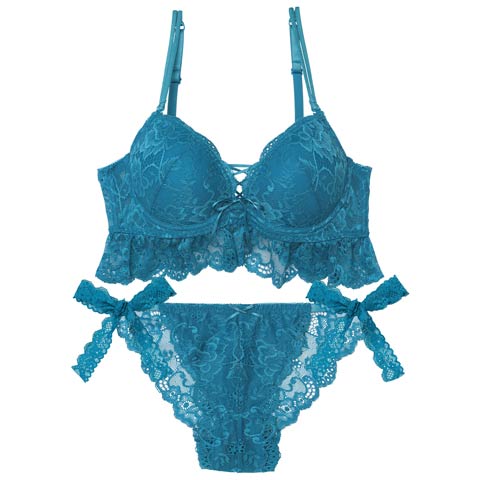 【EFサイズ】フレッシュレーシィレースアップ紐リボン付きブラジャー&バック透けフルバックショーツ［大人気］(ターコイズブルー-E70/ショーツM)