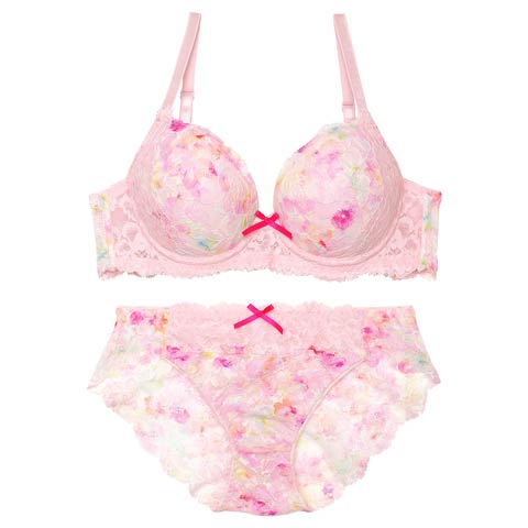 フレッシュスウィートフラワーブラジャー&バック透けフルバックショーツ［激売れ］(ピンク-B65/ショーツM)