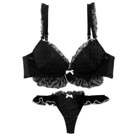 【かとゆり着用】ガーリーパイピングフリルブラジャー&Tバックショーツ［大人気］(ブラック-A70/ショーツM)