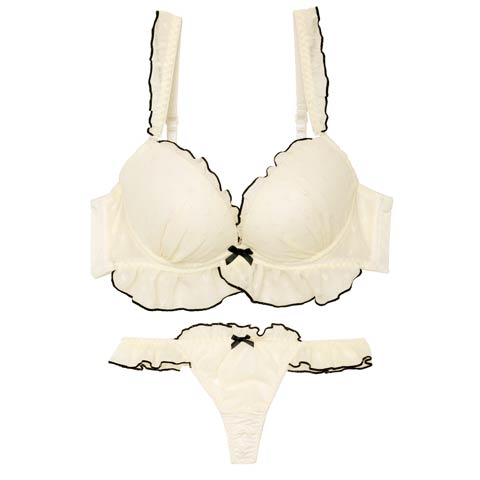 【かとゆり着用】ガーリーパイピングフリルブラジャー&Tバックショーツ［大人気］(クリーム-A70/ショーツM)