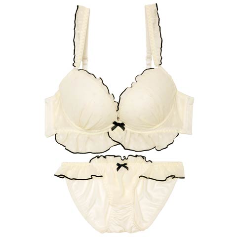 10/7再販!【かとゆり着用】【EFサイズ】ガーリーパイピングフリルブラジャー&フルバックショーツ［大人気］(クリーム-E70/ショーツM)