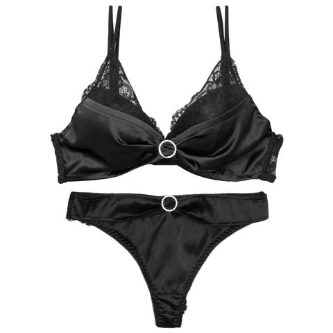 リボンリングビジューレースブラジャー&バック透けTバックショーツ［激売れ］［週替］[スーパーセール](ブラック-B65/ショーツM)