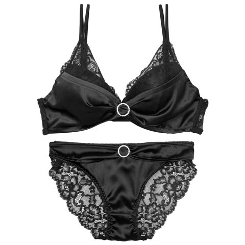 【EFサイズ】リボンリングビジューレースブラジャー&バック透けフルバックショーツ［大人気］［均一セール1］(ブラック-E70/ショーツM)