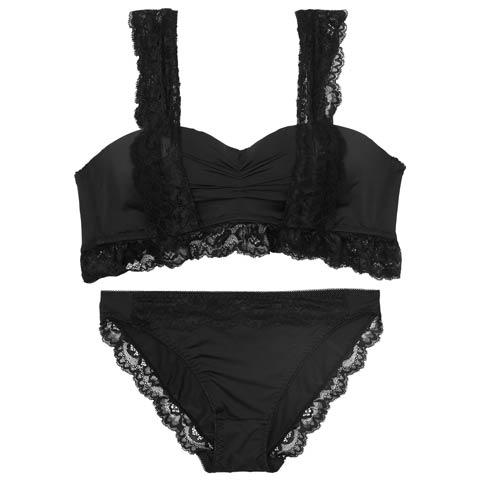 フリルレーシィギャザーブラジャー&フルバックショーツ［激売れ］(ブラック-B65/ショーツM)