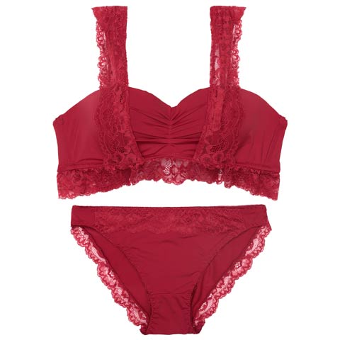 フリルレーシィギャザーブラジャー&フルバックショーツ［激売れ］(レッド-B65/ショーツM)