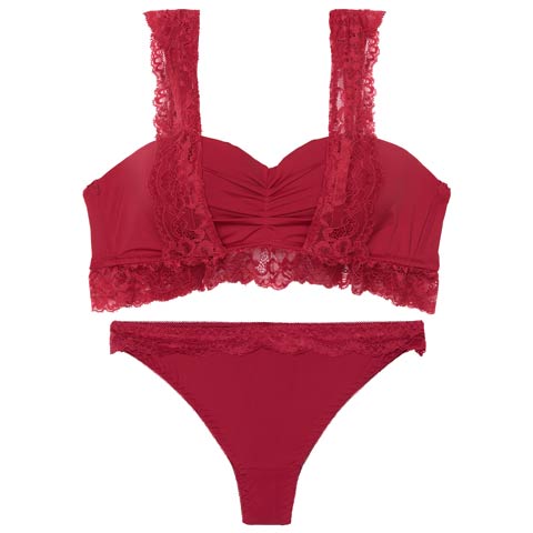 フリルレーシィギャザーギャザーブラジャー&Tバックショーツ［激売れ］［週替］[スーパーセール](レッド-B65/ショーツM)