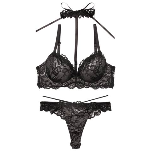 ラグジュアリーレースチョーカーブラジャー&バック透けTバックショーツ［大人気］(ブラック-B65/ショーツM)