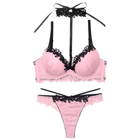 ラグジュアリーレースチョーカーブラジャー&バック透けTバックショーツ［大人気］(ピンク-B65/ショーツM)