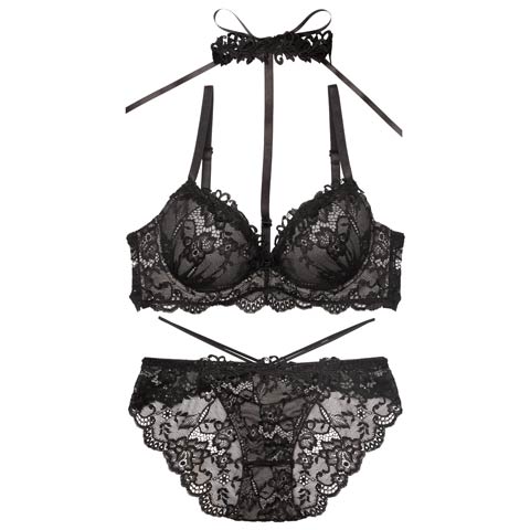 【EFサイズ】ラグジュアリーレースチョーカーブラジャー&バック透けフルバックショーツ［大人気］(ブラック-E70/ショーツM)