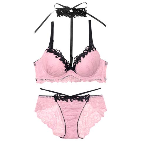 【EFサイズ】ラグジュアリーレースチョーカーブラジャー&バック透けフルバックショーツ［大人気］(ピンク-E70/ショーツM)
