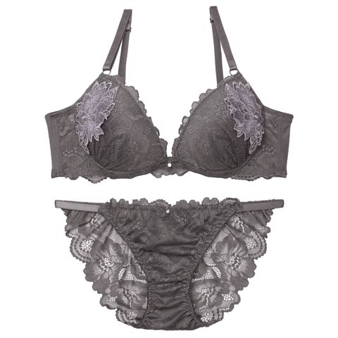 ミスティックレーシィピオニー育乳脇高ブラジャー&バック透けフルバックショーツ［激売れ］(グレー-A70/ショーツM)