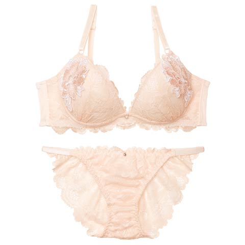 ミスティックレーシィピオニー育乳脇高ブラジャー&バック透けフルバックショーツ［激売れ］(ピンクベージュ-A70/ショーツM)