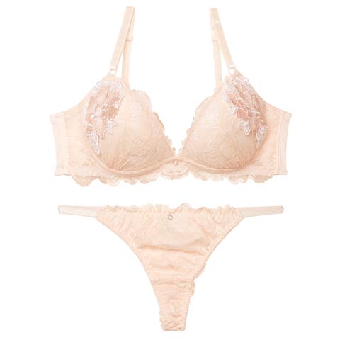 ミスティックレーシィピオニー育乳脇高ブラジャー&バック透けTバックショーツ［激売れ］(ピンクベージュ-A70/ショーツM)