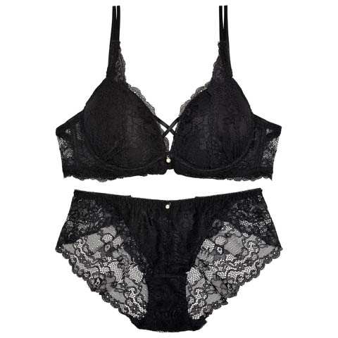 9/11再販!【EFサイズ】クロスデザインレーシィブラジャー&バック透けフルバックショーツ［大人気］［週替］[スーパーセール](ブラック-E70/ショーツM)