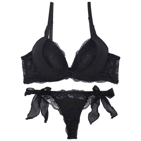 【かとゆり着用】モノトーンプティチュール育乳脇高ブラジャー&サイド紐バック透けTバックショーツ［激売れ］(ブラック-B65/ショーツM)