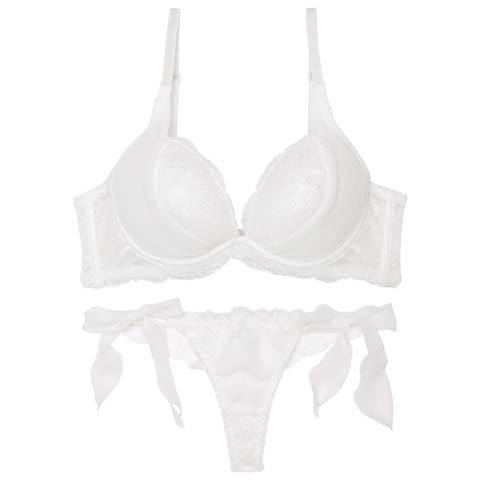 【かとゆり着用】モノトーンプティチュール育乳脇高ブラジャー&サイド紐バック透けTバックショーツ［激売れ］(ホワイト-B65/ショーツM)