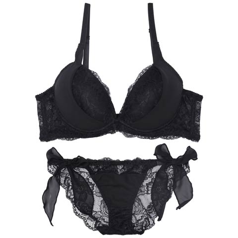 【かとゆり着用】【EFサイズ】モノトーンプティチュール育乳脇高ブラジャー&サイド紐バック透けフルバックショーツ［大人気］(ブラック-E70/ショーツM)