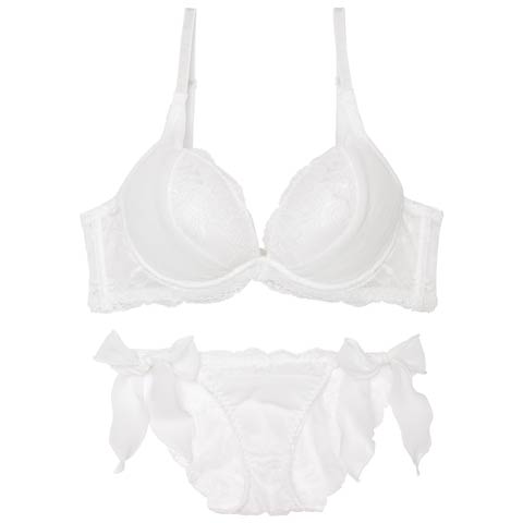 【かとゆり着用】【EFサイズ】モノトーンプティチュール育乳脇高ブラジャー&サイド紐バック透けフルバックショーツ［大人気］(ホワイト-E70/ショーツM)