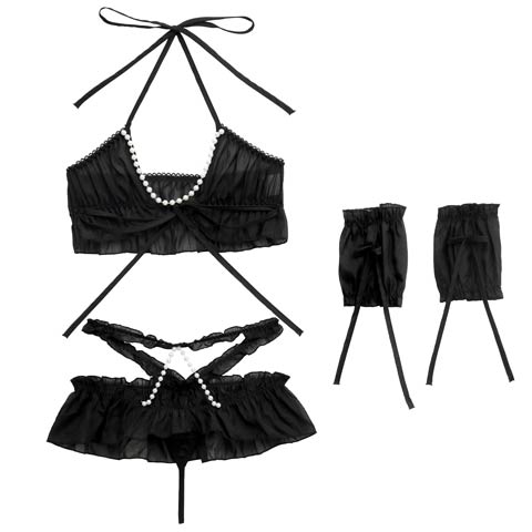 【3点セット】プリンセスパールシフォンブラジャー&Tバックショーツ&アームカバー［大人気］(ブラック-フリー)