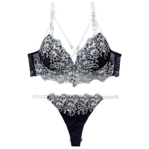 11/18再販!ラグジュアリーブルームストリングブラジャー&バック透けTバックショーツ［激売れ］(ネイビー-A70/ショーツM)