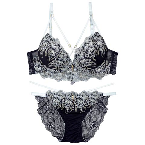 11/18再販!【EFサイズ】ラグジュアリーブルームストリングブラジャー&バック透けフルバックショーツ［大人気］(ネイビー-E70/ショーツM)