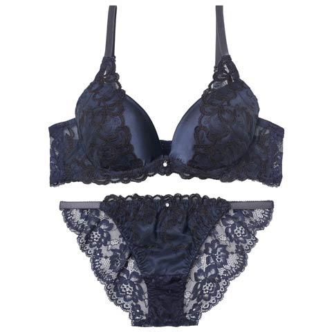 11/11再販!ブリリアントアイビーブラジャー&バック透けフルバックショーツ［激売れ］(ネイビー-A70/ショーツM)