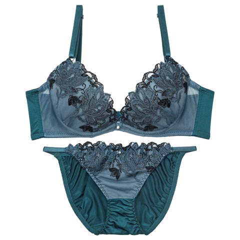 11/20再販!マスカレードディープフラワー育乳脇高ブラジャー&フルバックショーツ［激売れ］(グリーン-A70/ショーツM)