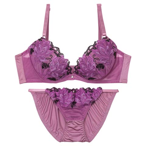 11/20再販!マスカレードディープフラワー育乳脇高ブラジャー&フルバックショーツ［激売れ］(パープル-A70/ショーツM)
