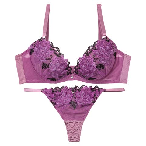 11/20再販!マスカレードディープフラワー育乳脇高ブラジャー&Tバックショーツ［激売れ］(パープル-A70/ショーツM)