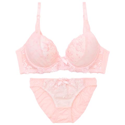 11/11再販!パステルフラワーチュール育乳脇高ブラジャー&フルバックショーツ［激売れ］(ピンク-B65/ショーツM)