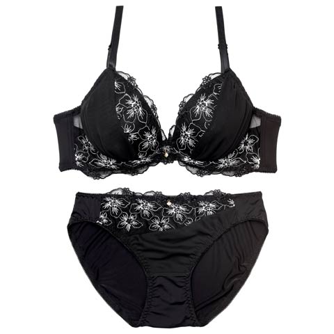 10/22新作!【EFサイズ】モノトーンフルールシフォンブラジャー&フルバックショーツ［大人気］(ブラック-E70/ショーツM)