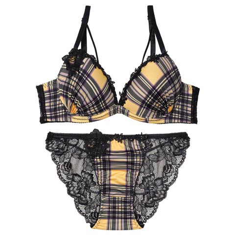 10/15新作!ビターモードチェックブラジャー&バック透けフルバックショーツ［激売れ］(イエロー-B65/ショーツM)