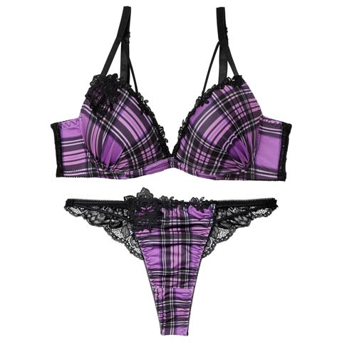1/21新作!ビターモードチェックブラジャー&バック透けTバックショーツ［激売れ］(パープル-B65/ショーツM)