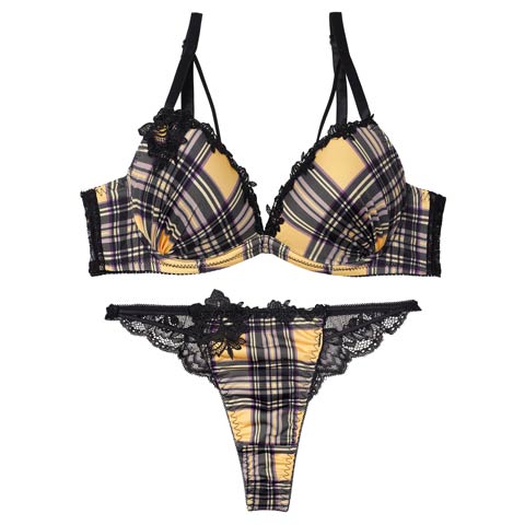1/21新作!ビターモードチェックブラジャー&バック透けTバックショーツ［激売れ］(イエロー-B65/ショーツM)