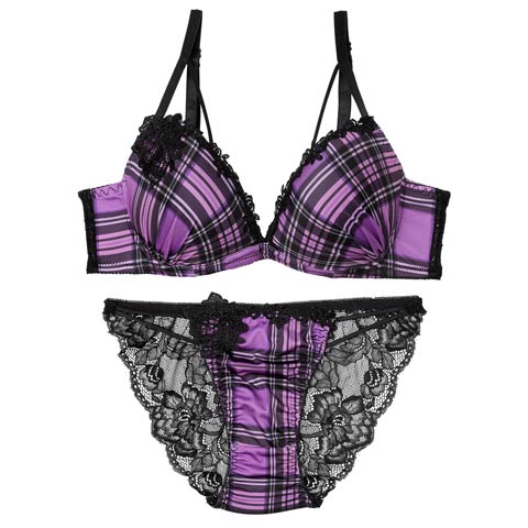 10/15新作!【EFサイズ】ビターモードチェックブラジャー&バック透けフルバックショーツ［大人気］(パープル-E70/ショーツM)