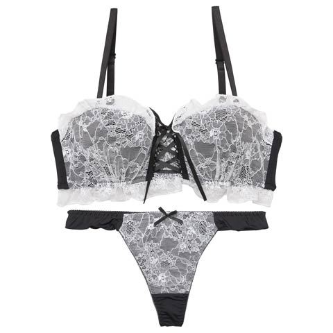 10/1新作![4way]ドーリーレースアップフリルブラジャー&Tバックショーツ［激売れ］(ブラック-B65/ショーツM)