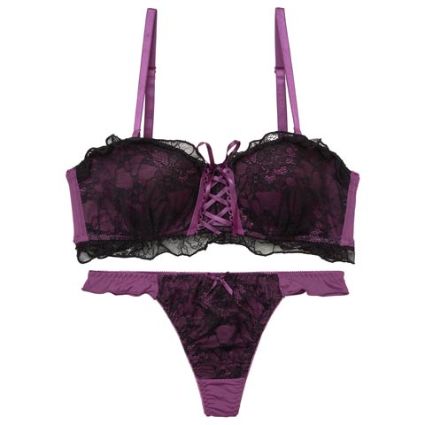 10/1新作![4way]ドーリーレースアップフリルブラジャー&Tバックショーツ［激売れ］(パープル-B65/ショーツM)