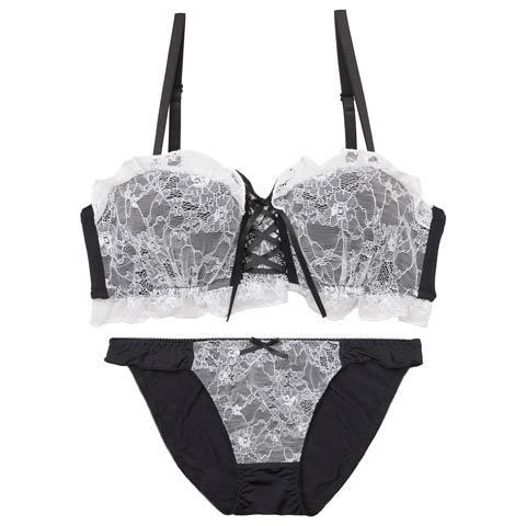 10/1新作!【EFサイズ】[4way]ドーリーレースアップフリルブラジャー&フルバックショーツ［大人気］(ブラック-E70/ショーツM)