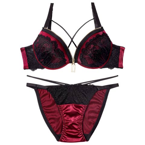 11/5新作!レーシィコードファスナーブラジャー&フルバックショーツ［激売れ］(ワインレッド-B65/ショーツM)