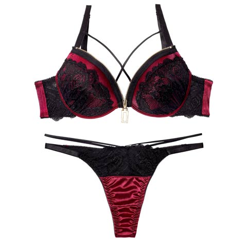 11/5新作!レーシィコードファスナーブラジャー&Tバックショーツ［激売れ］(ワインレッド-B65/ショーツM)