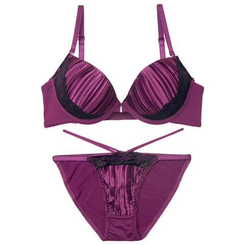 1/19新作!【三上悠亜着用】リッチプリーツサテンブラジャー＆フルバックショーツ［激売れ］(パープル-B65/ショーツM)