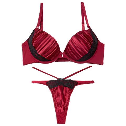 1/19新作!【三上悠亜着用】リッチプリーツサテンブラジャー＆Tバックショーツ［激売れ］(ワインレッド-B65/ショーツM)